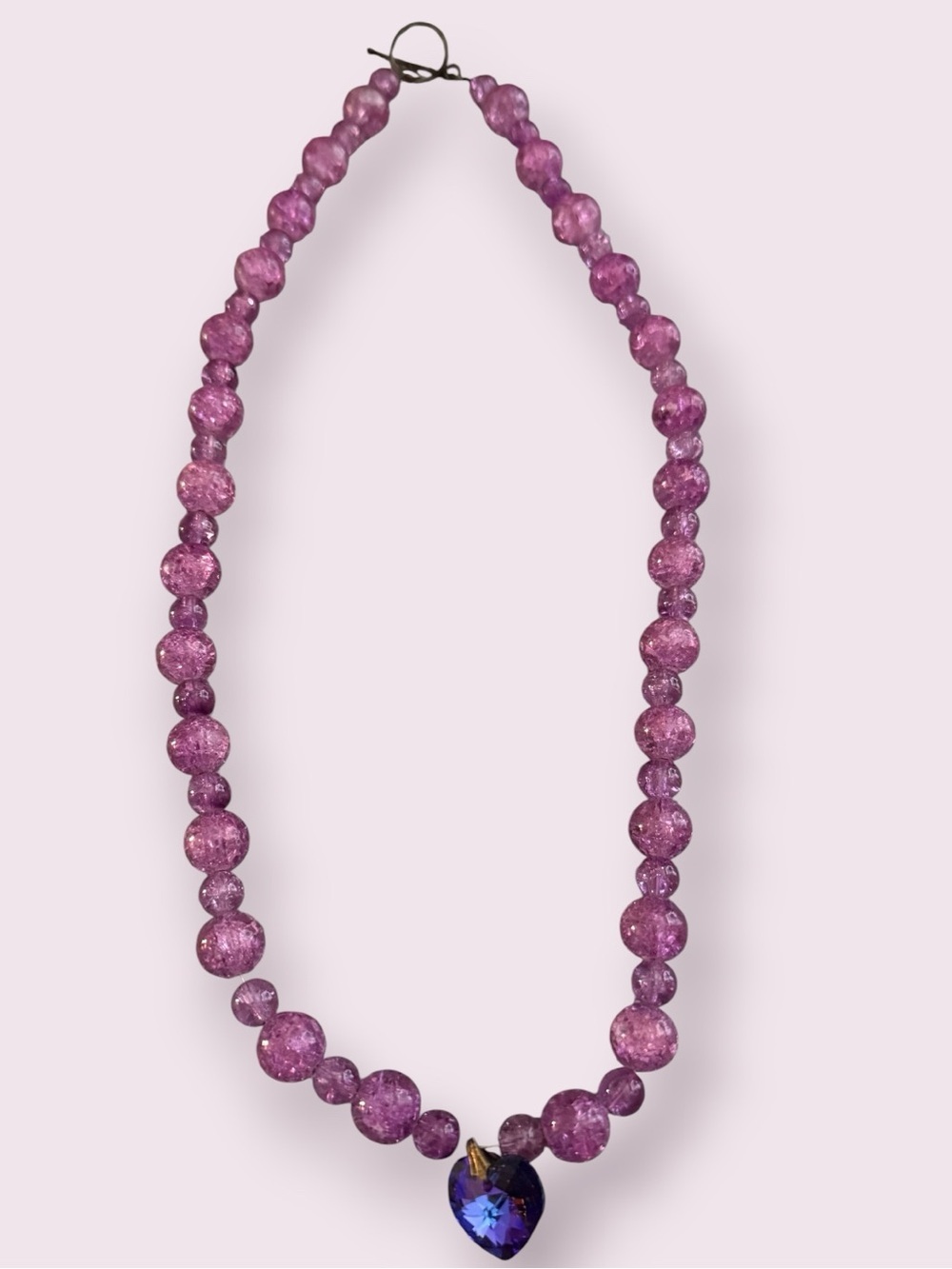 Pink Crackle Glass Beaded Necklace with Purple Heart Pendant - Picture 5 of 5